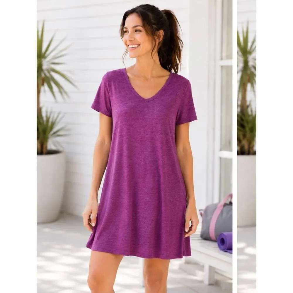 Yelete Criss Cross Back TShirt Dress Swing Athletic VNeck Purple S